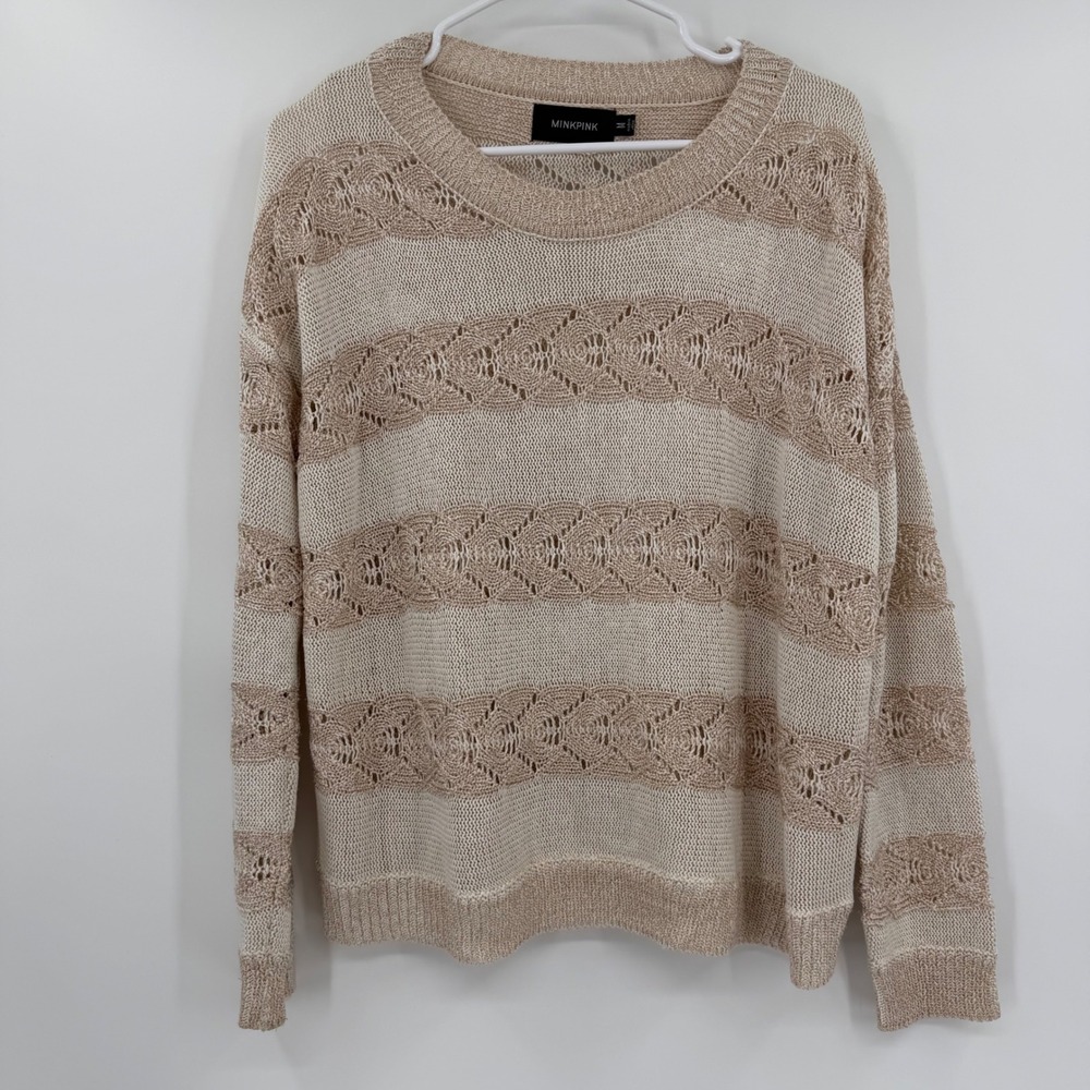 Minkpink Metallic Striped Pointelle Knit Sweater Cream Rose Gold Lurex Medium